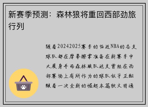 新赛季预测：森林狼将重回西部劲旅行列